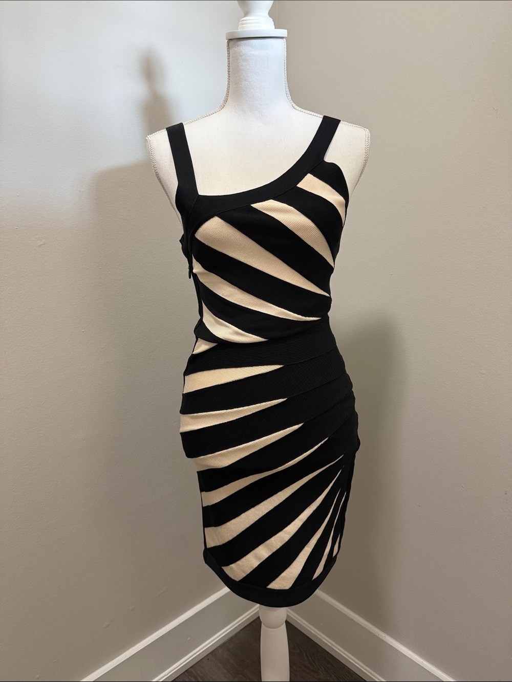 Herve Leger Black and Cream One-Shoulder Bandage Dress